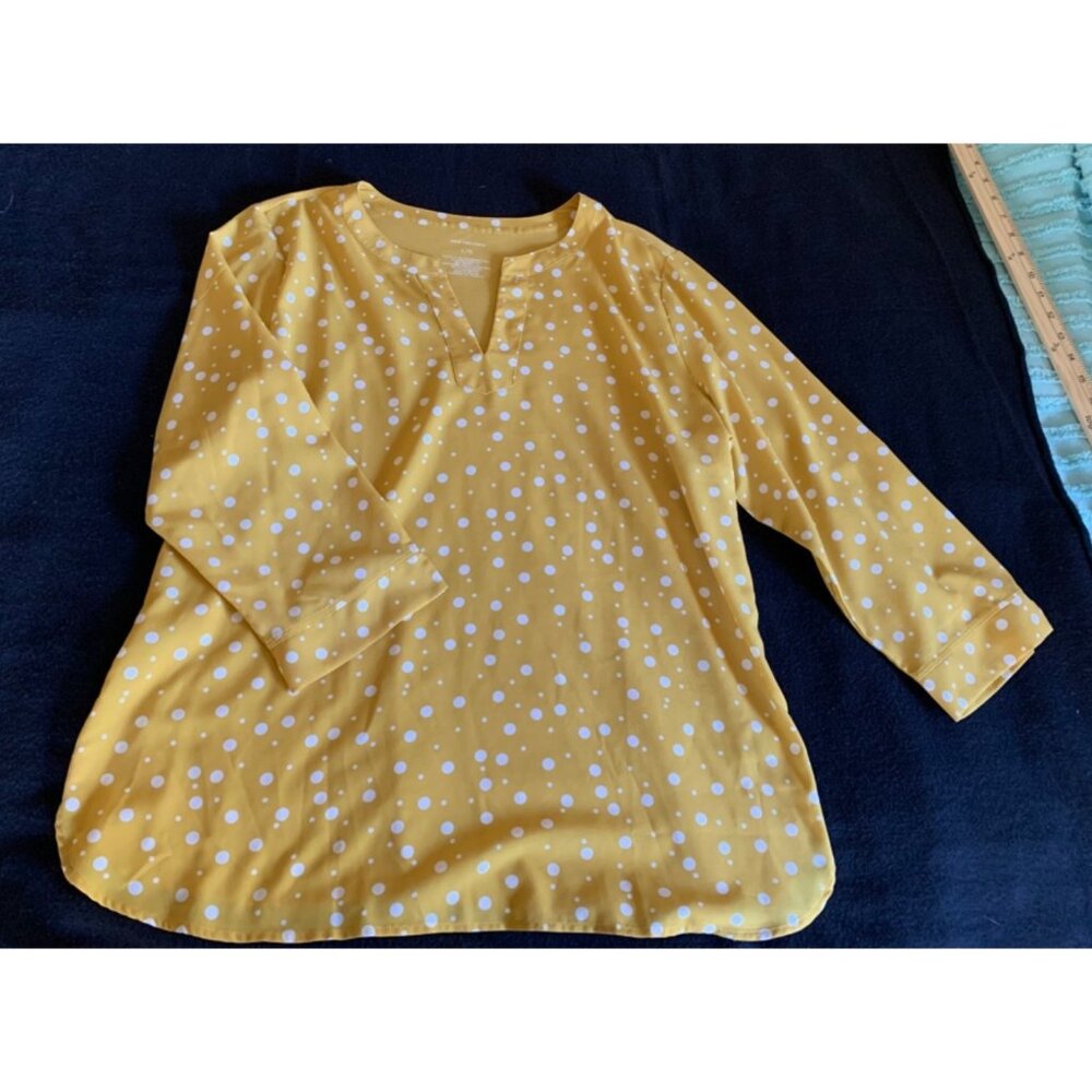 Van Heusen Womens Polka Dot 3/4 Sleeve Blouse Yellow/White Size Large
